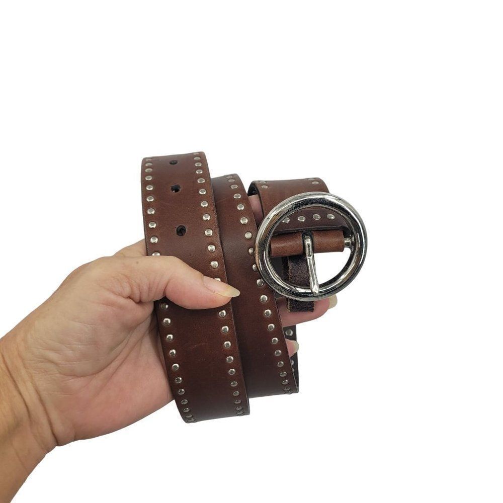 Womens Italian Leather Belt M 34" Brown Silver Studded Solid Brass Silver Buckle